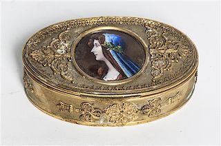 A French Brass Box with Enamel Plaque, Width 5 1/8 inches.