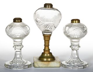 BELLFLOWER GLASS KEROSENE STAND LAMPS, LOT OF THREE