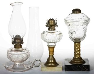 ASSORTED GLASS KEROSENE LAMPS, LOT OF THREE
