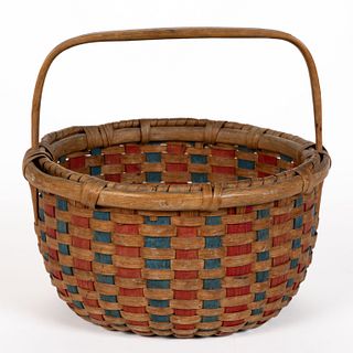 RARE EASTERN MARYLAND DECORATED STAVE-TYPE WOVEN-SPLINT EGG BASKET