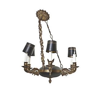 An Empire Style Gilt and Patinated Metal Six-Light Chandelier, Height 10 7/8 x diameter 19 inches.