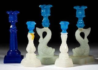 ASSORTED PRESSED GLASS CANDLESTICKS, LOT OF FIVE