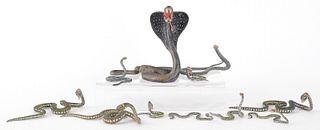 Eleven Austrian cold painted bronze snakes, mid 20