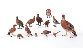 Thirteen Austrian cold painted bronze game birds,i