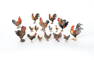 Sixteen Austrian cold painted bronze roosters andh