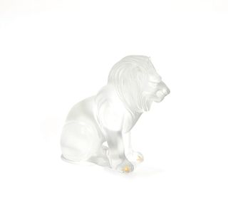 Lalique frosted glass lion, signed and labeled ona
