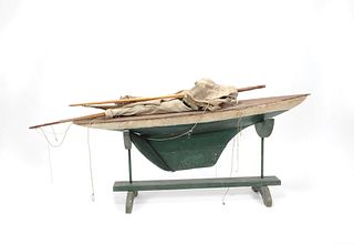Painted pond boat model, ca. 1930, 55" h., 38" l.