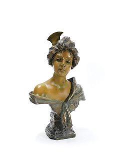 Bronzed white metal bust, signed Carmela, 17" h.