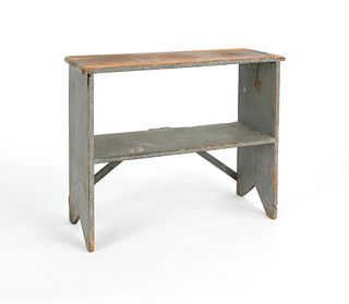Painted pine bucket bench, 19th c., 31" h., 37" w.