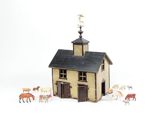 Painted wooden toy barn, 20th c., with animals and