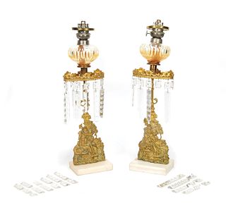 Pair of gilt metal and marble oil lamps with prism