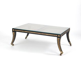 French caned coffee table with glass top, 15" h.,9