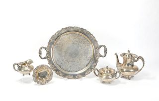 Sterling silver repousse tea service to include ae