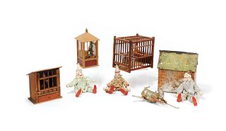 Toys to include three wooden birdcages, lithograph