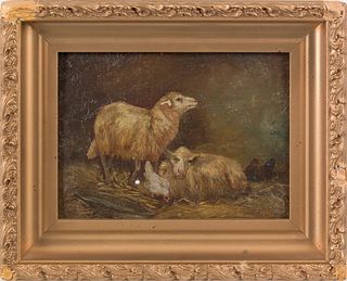 Oil on board landscape, 19th c., with sheep and ch