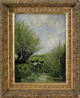 Oil on canvas landscape, 19th c., depicting ducksy
