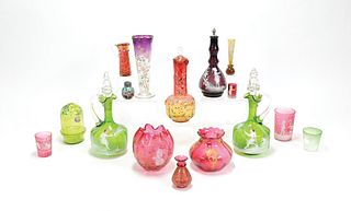 Sixteen pieces of enameled colored glass tableware