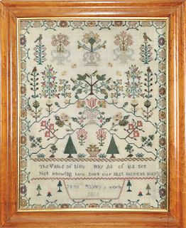 Silk on linen sampler wrought by Jane Mayley, 1816