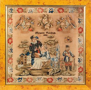 Wool on linen pictorial sampler wrought by Margare