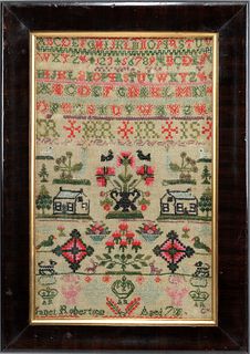 Wool on linen sampler, 19th c., wrought by Janet R