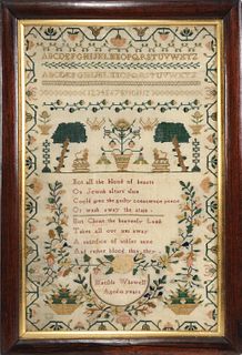 Silk on linen sampler, 19th c., wrought by Matilda