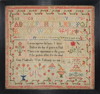 Wool on linen sampler, wrought by Anne Maddrells,8