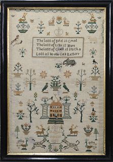 Silk on linen sampler wrought by Betsy Stoggell, a