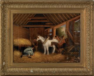 English oil on canvas stable scene, 19th c., 15 1/