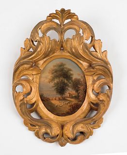 Continental oil on tin landscape, 19th c., frame -