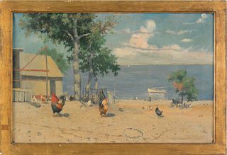 Oil on canvas coastal scene, late 19th c., with ch