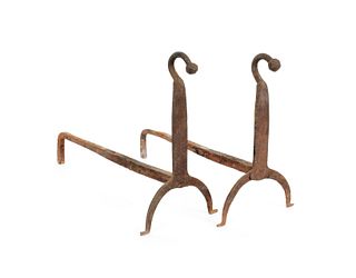 Pair of wrought iron andirons, 19th c., 14" h.