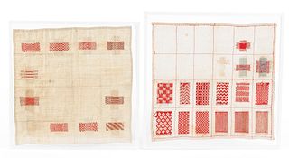 Two silk on linen darning samplers, 13" x 12 1/2"n