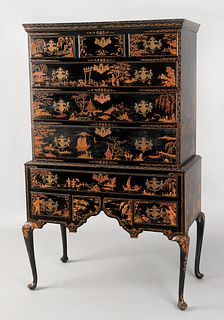 New England Queen Anne japanned highboy top, mid 1