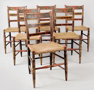 Set of six painted rush seat side chairs, mid 19th