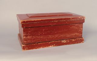 Red painted pine box, late 19th c., 10" h., 20 1/2