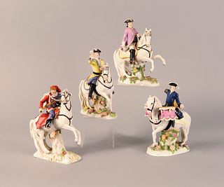 Four Meissen type equestrian figures, late 19th c.