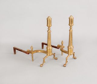 Pair of brass andirons, early 20th c., 24 1/2" h.