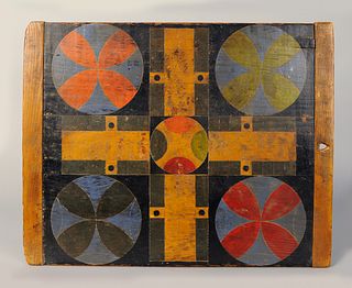 Painted pine parcheesi board, 19th c. or later, 17