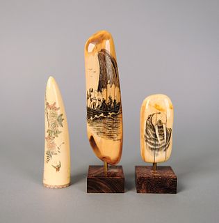 Seven pieces of scrimshaw decorated bone and ivory