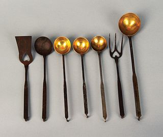 Seven miniature iron and brass utensils, 19th/20th