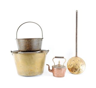Two brass buckets, together with a copper kettle a