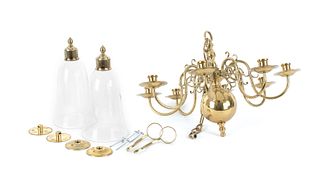 Contemporary brass chandelier, together with a pai
