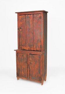 Painted pine stepback cupboard, 19th c., 72" h., 2