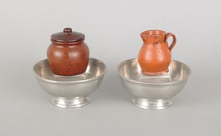 Miniature redware pitcher, 3" h. and crock, 3" h.,