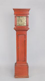 Pine tall case clock, 18th c., with brass face wor