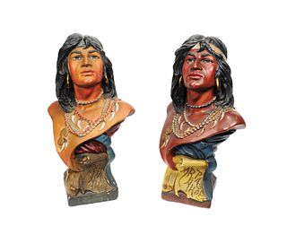 Two painted plaster busts of Native Americans, ear