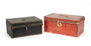 Two leather covered boxes, 19th c., with brass tac