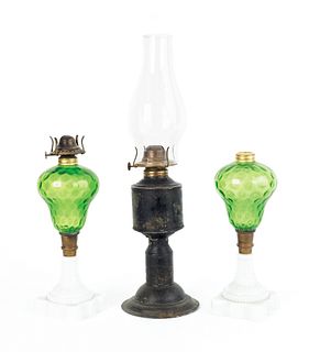 Pair of Sandwich glass whale oil lamps, 19th c., 1
