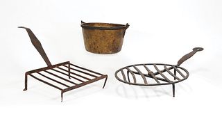Two wrought iron broilers, 19th c., one rotating,1