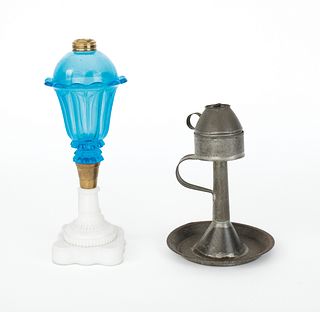 Sandwich glass oil lamp, 19th c., 12 1/2" h., toge
